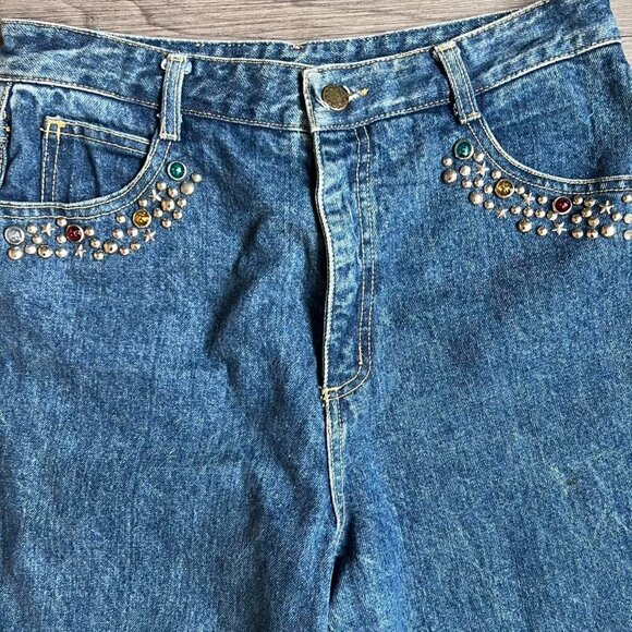 Vintage 80s Yes Clothing Co. Bedazzled Jeweled Dark Wash Denim Jeans Size 12 - Picture 4 of 8